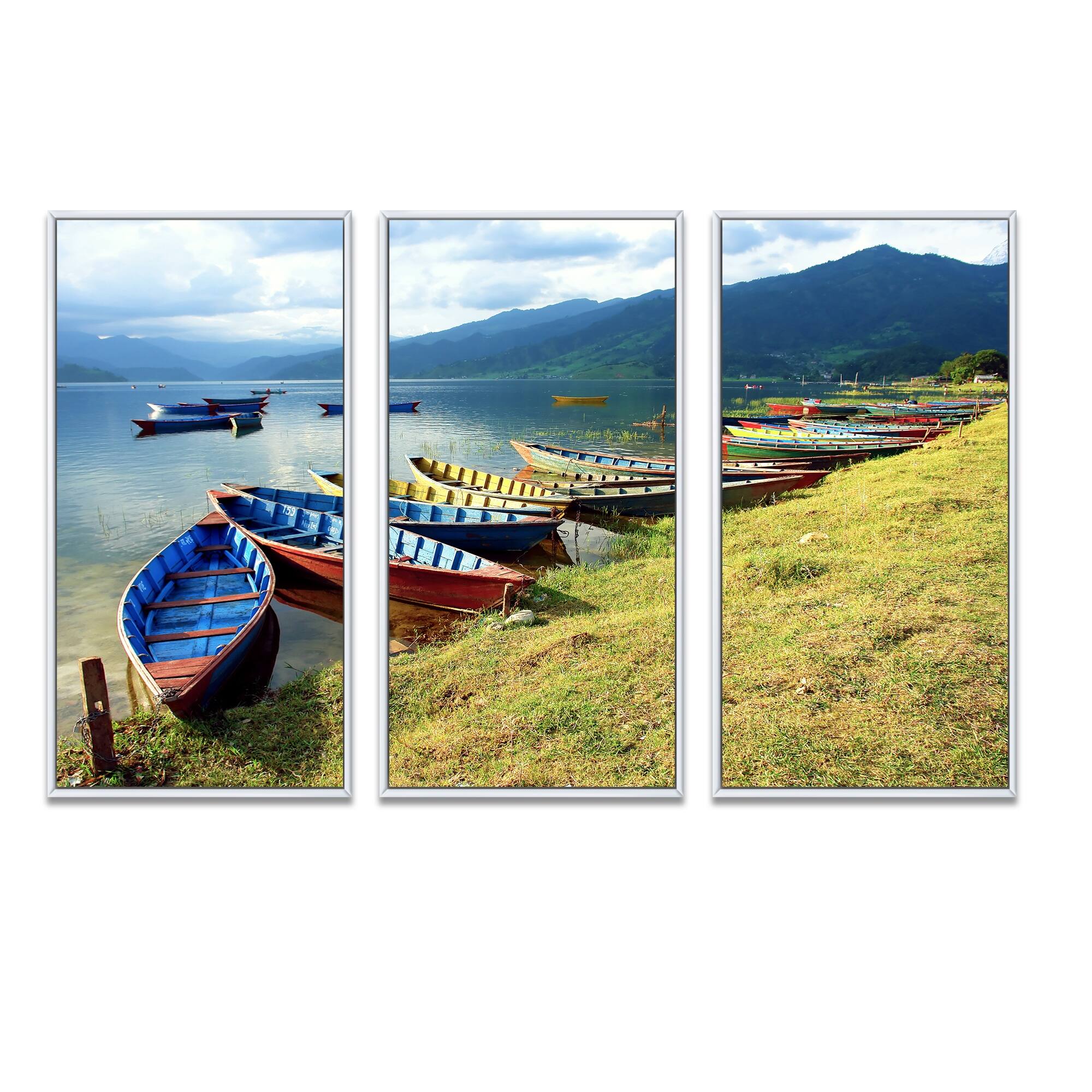 Designart "Color Boats in Phewa Lake" Boats Framed Artwork Set of 3 4