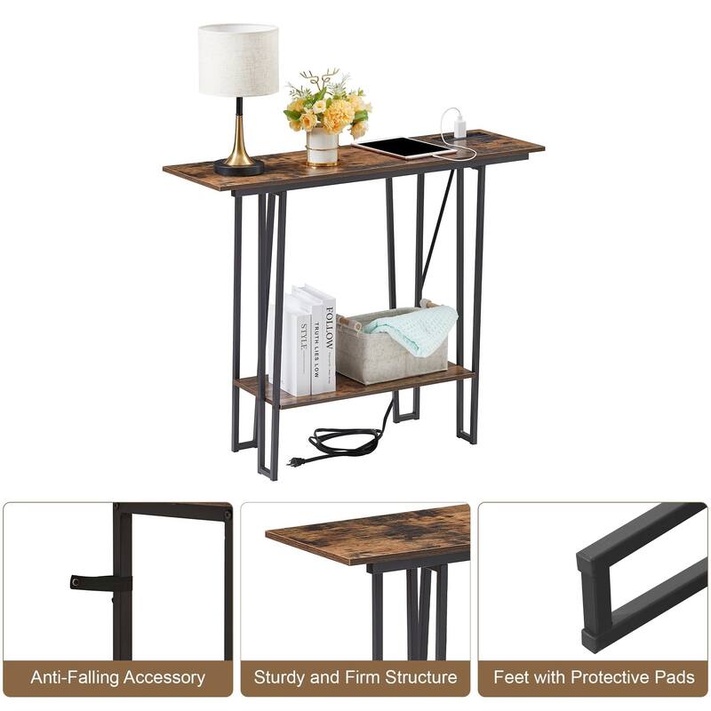 Console Table with Outlets for Entryway, Sofa Table with Wood Shelves, Industrial Entryway Table Foyer Table