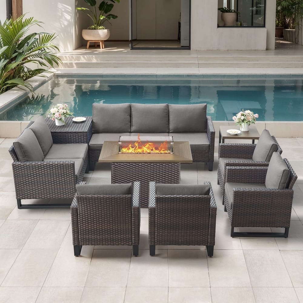 Gymojoy 9 Piece All-Weather Wicker Outdoor Patio Family Conversation Set Group With Fire Pit Table