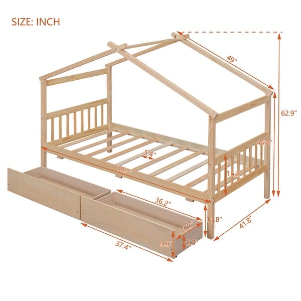 dimension image slide 3 of 4, Twin Size Wooden House Bed with Drawers - Stylish and Functional Kids' Bedroom Furniture