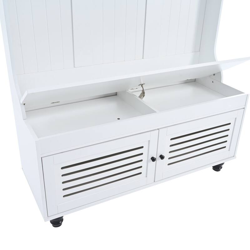 47.2'' Entryway Bench with Shutter-Shaped Doors, Coat Rack, Cushion and 4 Sturdy Hooks