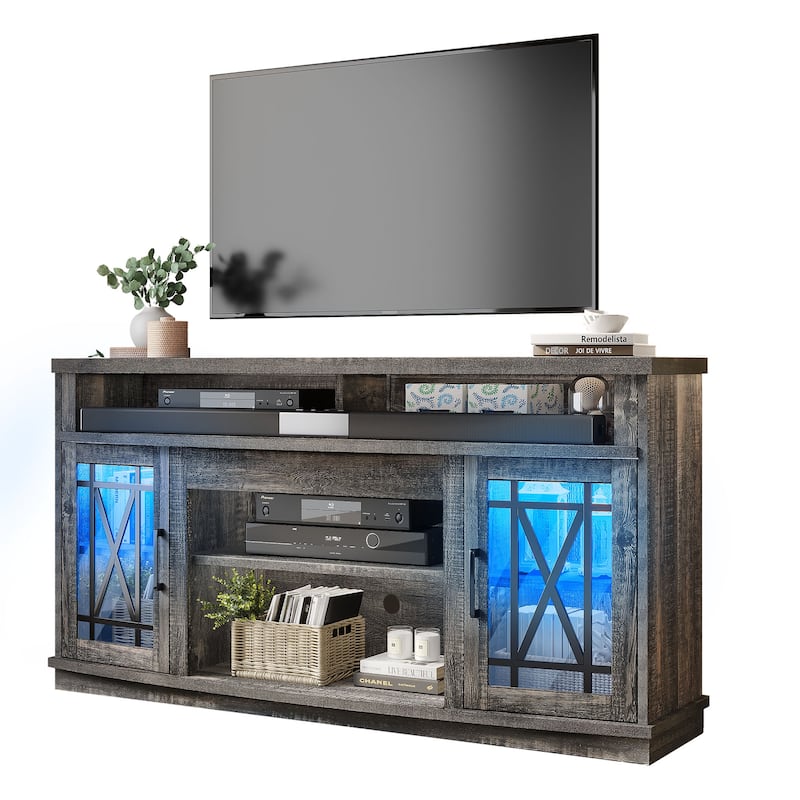 Moasis 59-inch Highboy 2-Door LED Lights TV Stand for TVs up to 70 Inches - Oak