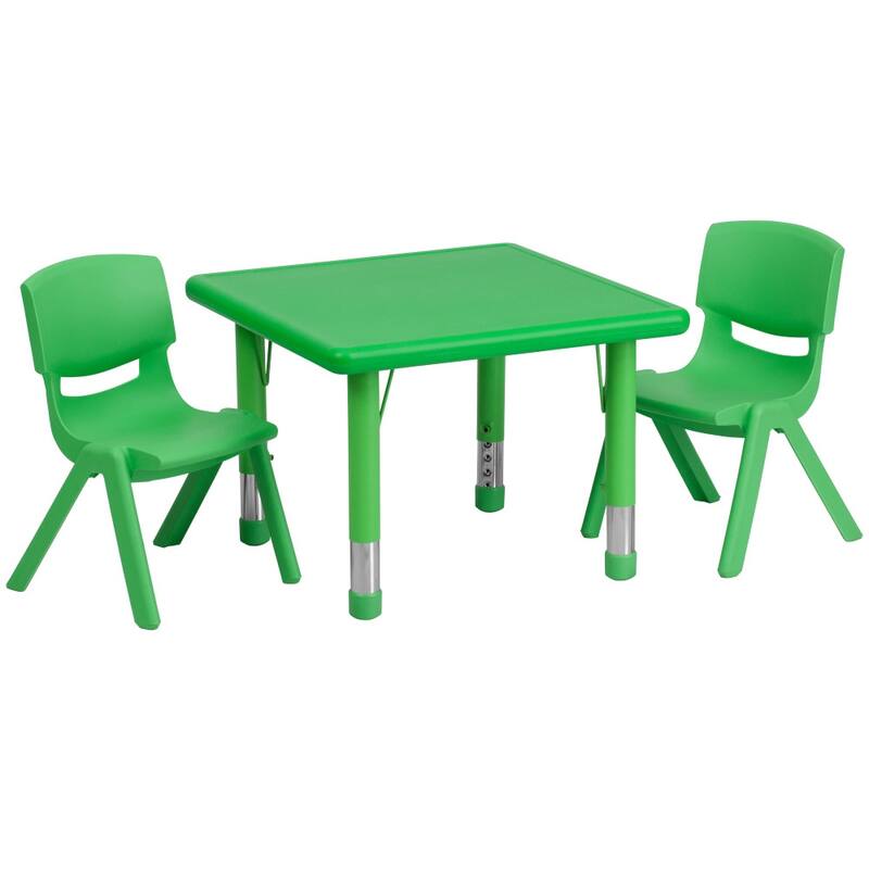 24" Square Plastic Height Adjustable Activity Table Set with 2 or 4 Chairs - 2 chairs - Green