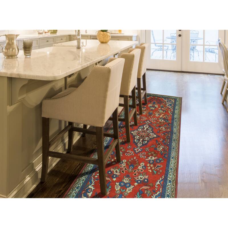 Fine Vintage Distressed Alger Red/Blue Runner - 3'5" x 10'0"