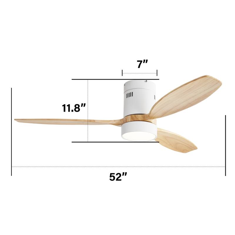 52″ White Flush-Mount Wooden Ceiling Fan with LED Light & Remote - 52