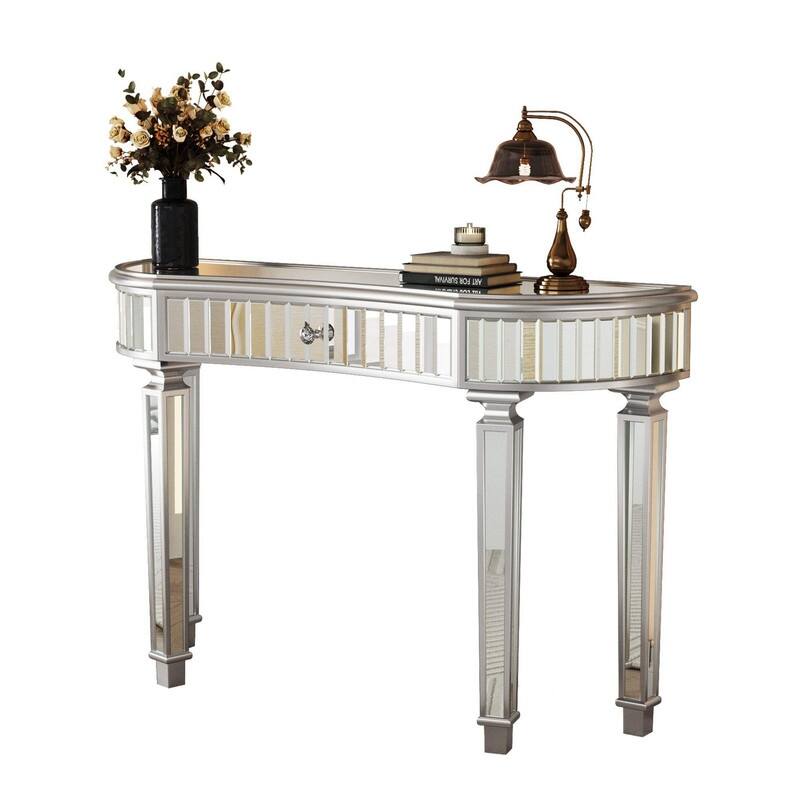 47" Half-Moon Mirrored Console Table with Fluted Glass and Storage Drawer for Stylish Entryway or Vanity