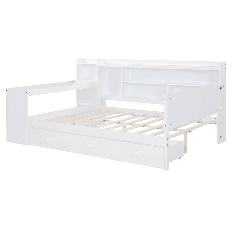 Daybed with Storage Drawers, Desk & USB Ports, Twin/Full Size Wooden Frame for Kids & Teens