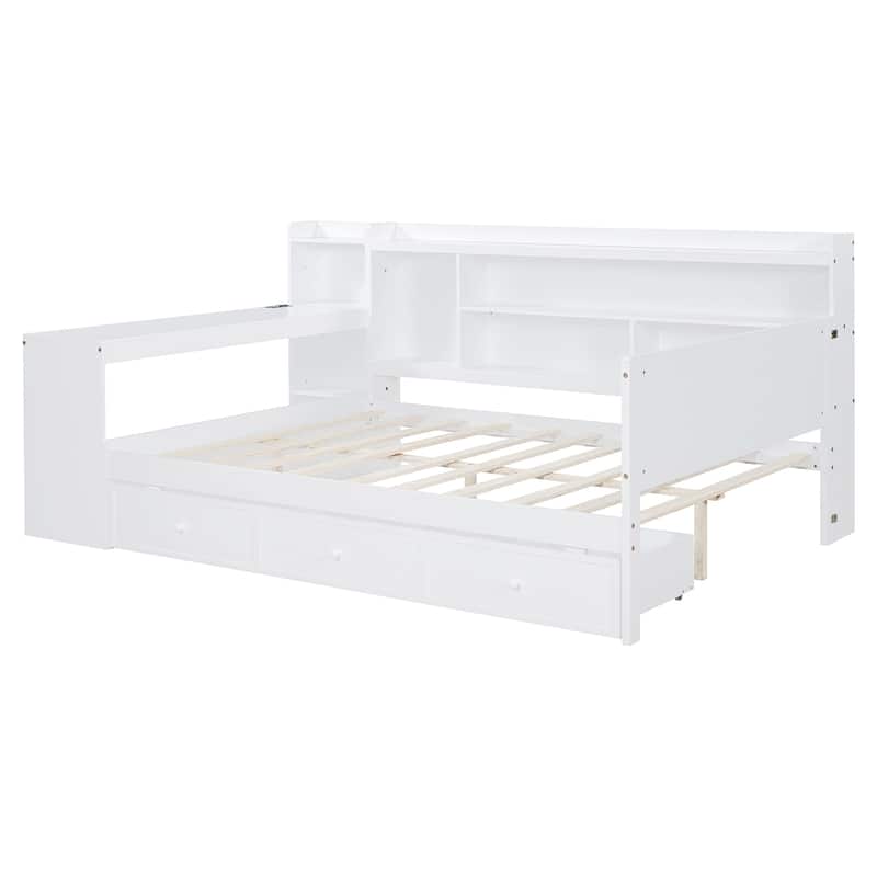 Full Size Wooden Daybed with Drawers, USB Ports, and Desk