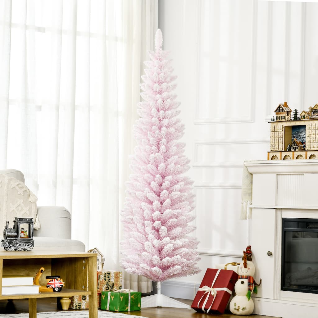 6ft Artificial Pencil Christmas Tree, Snow Flocked Design with Realistic Branch Tips and Slim Profile for Home Holiday Decor