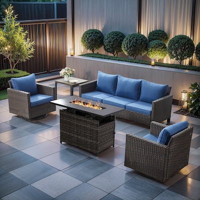 Pocassy Sofa Set with Grey Wicker Fire Pit Table - Brown Wicker Sofa Chair w/ Grey Wicker Fire Table