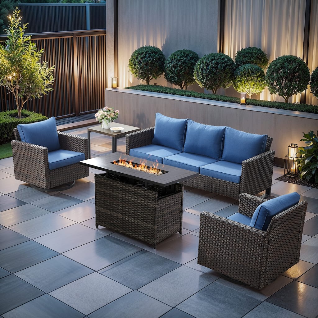Pocassy Sofa Set with Grey Wicker Fire Pit Table - Brown Wicker Sofa Chair w/ Grey Wicker Fire Table