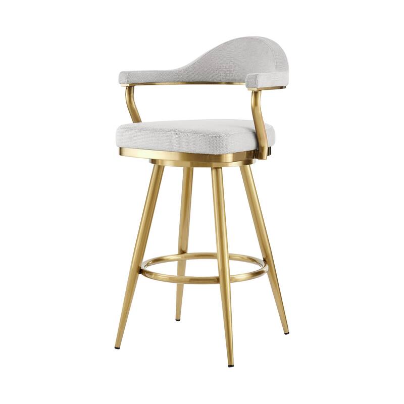 HomeRoots 30" Silver and Gold Fabric and Stainless Steel Low Back Bar Height Swivel Bar Chair