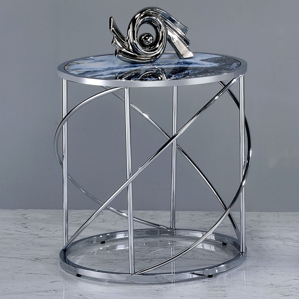 ACME Lyda End Table, Blue Marble Print & Chrome Finish