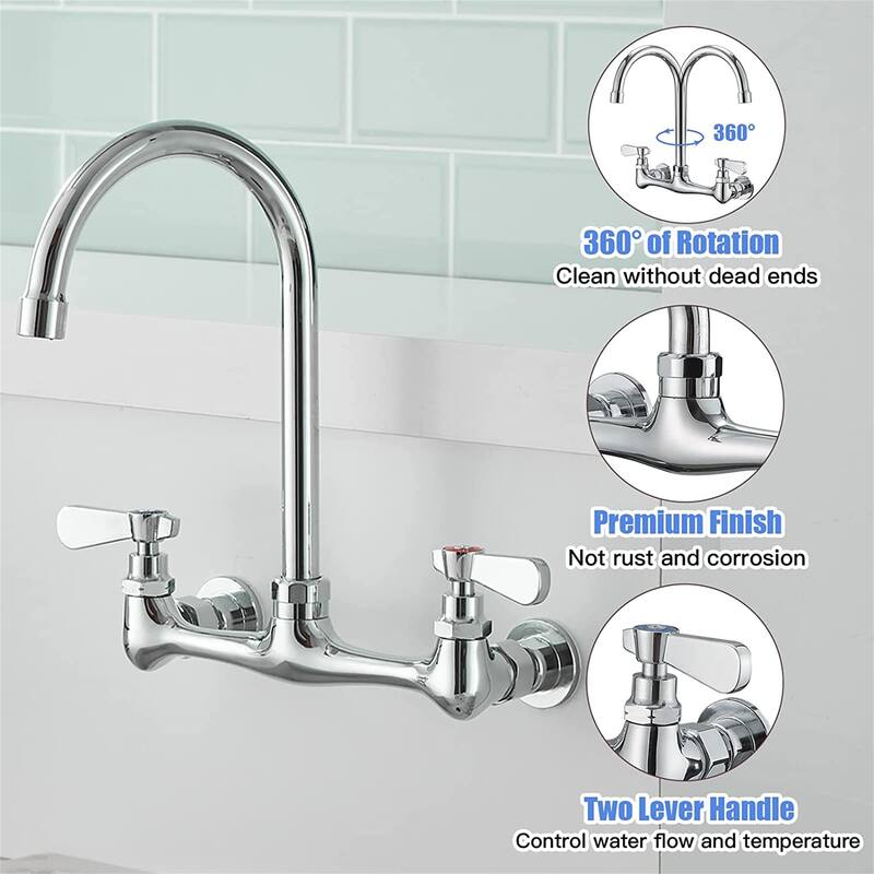 Wall Mount Kitchen Faucet 8 Inch Center Commercial Double Handle Kitchen Sink Faucet Polished Chrome Laundry Restaurant Bar Tap