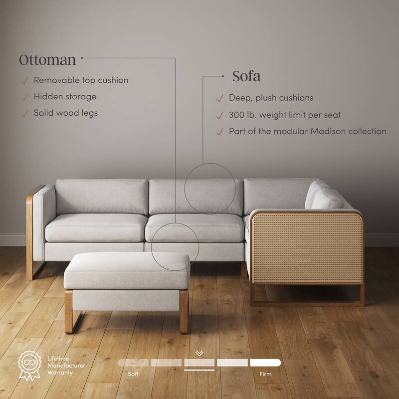 Madison Modern Upholstered Modular Sofa or Couch for Living Room with Solid Wood Legs