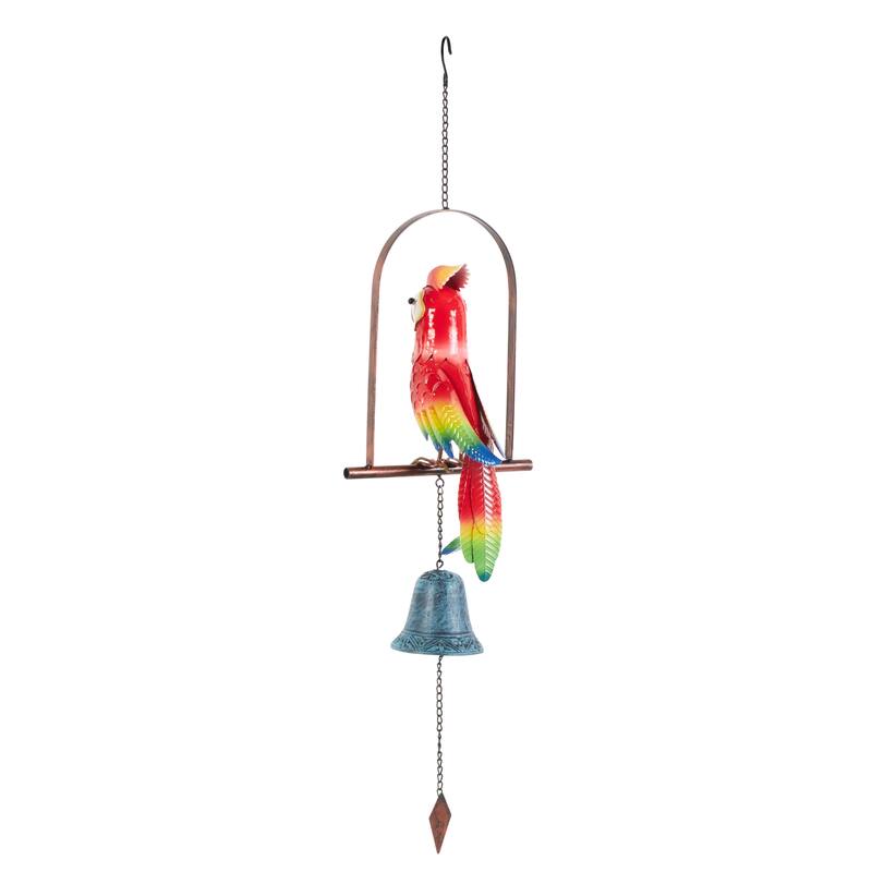 Metal Parrot Handmade Perched Windchime with Hanging Bell - Red - Roche River Decor