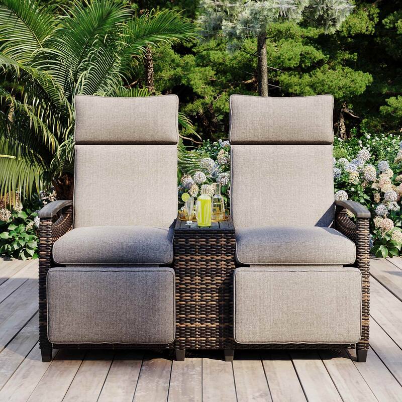 Patio Recliner Loveseat Chair with Adjustable Backrest and Storage Table -  Brown