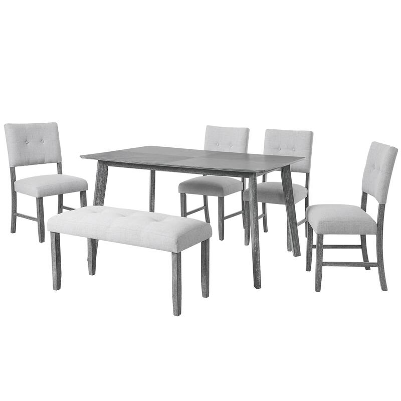 6 Piece Dining Room Table Set, Rustic Farmhouse Dining Room Rectangular Table with 4 Upholstered Chairs and Bench, Solid