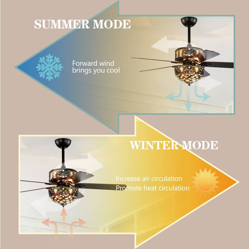 Parponk 52-Inch Flushmount Two-Tiered Lighted Ceiling Fan Green Hatch Tiffany Glass Lamp Black Finish