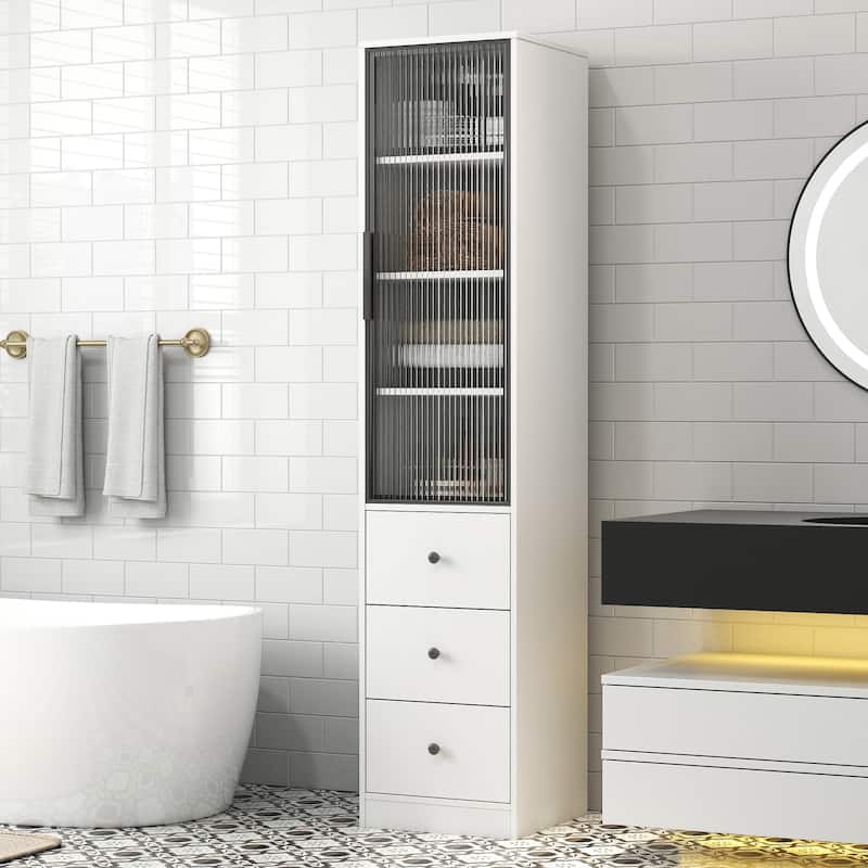White Storage Cabinet, Modern Freestanding Narrow Bookcase with Glass Doors, Storage Drawers Wood File Cabinets for Home Office
