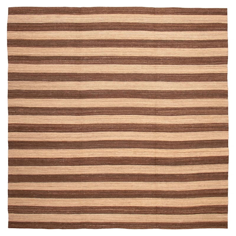 ECARPETGALLERY Flat-Weave Boho Brown, Khaki Wool Kilim - 13'3 x 13'0 - Brown/ Light Khaki - 13'3 x 13'0