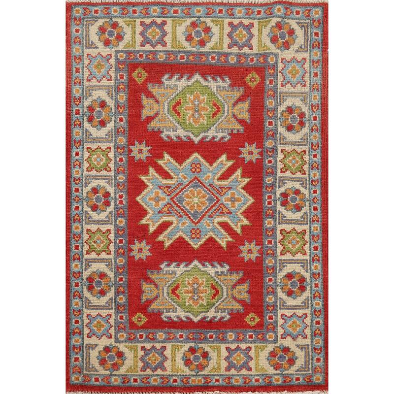 Red Traditional Kazak Foyer Rug Hand-Knotted Wool Carpet - 2'0" x 3'0"
