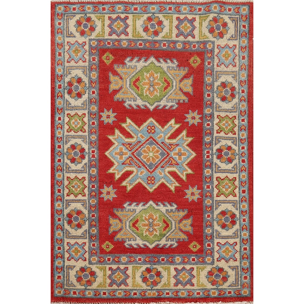 Red Traditional Kazak Foyer Rug Hand-Knotted Wool Carpet - 2'0" x 3'0"