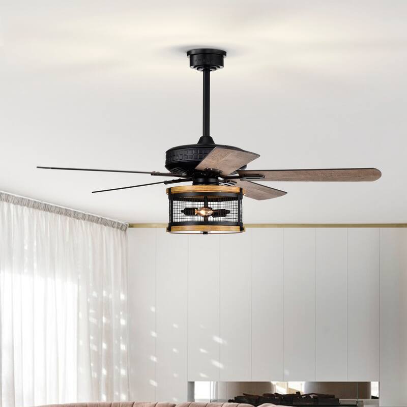 Wood Grain Black 25 Inch Industrial Style Lighted Ceiling Fan Cage with Remote