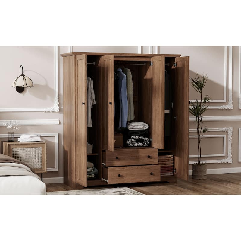 4-Door Wardrobe Armoire Closet with 2 Drawers, Brown Clothing Storage Cabinet Organizer with Hanging Rod