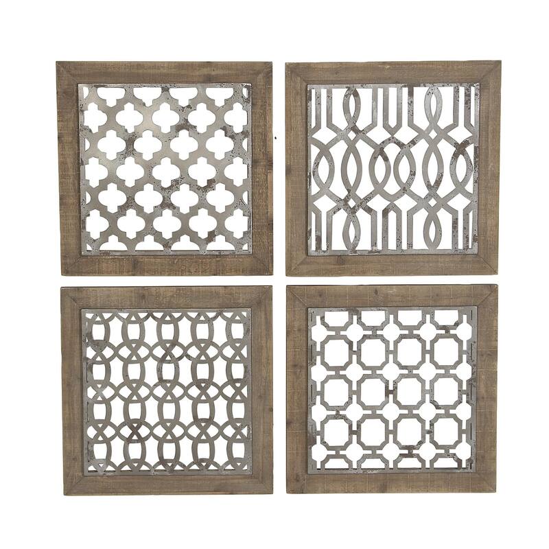 Wood Geometric Home Wall Decor with Silver Metal Trellis Cutouts - Set of 4 Brown - Roche River Decor - Brown