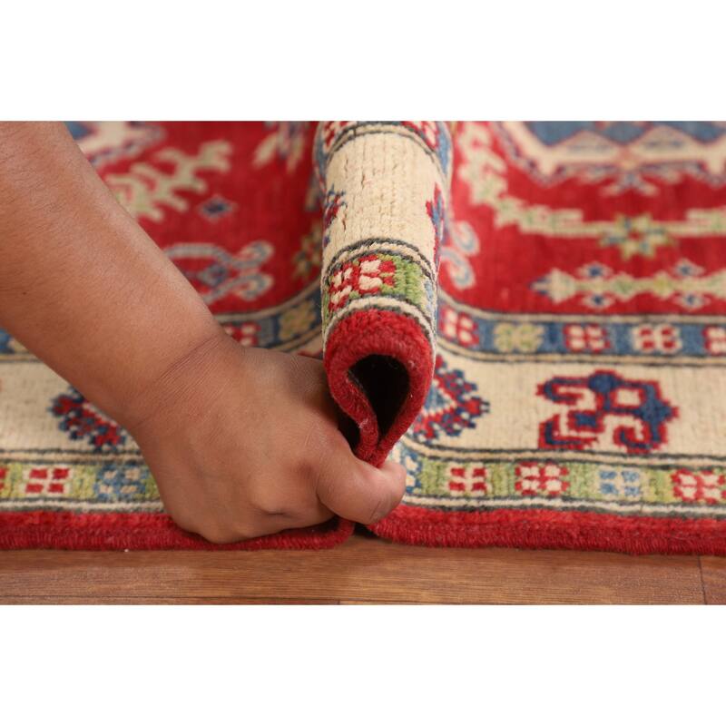 Geometric Red Kazak Foyer Rug Hand-Knotted Traditional Wool Carpet - 2'8" x 4'1"