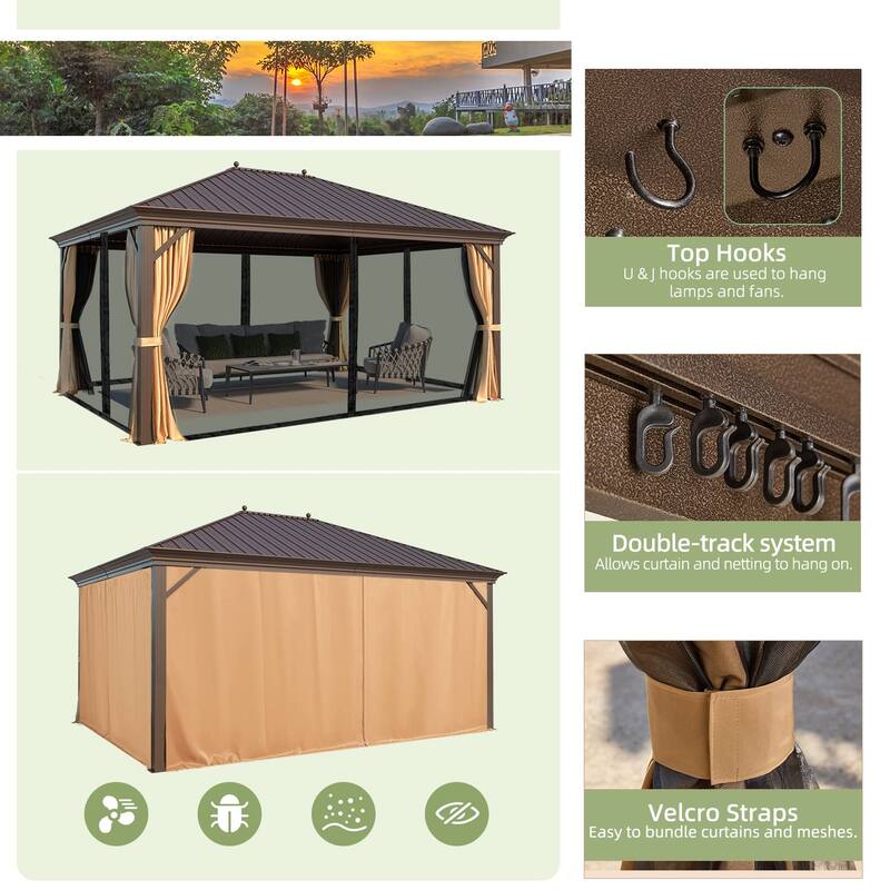 Outdoor Pro Series Galvanized Steel Hardtop Patio Gazebo Pergola w/Aluminum Frame, Prime Curtains and nettings include