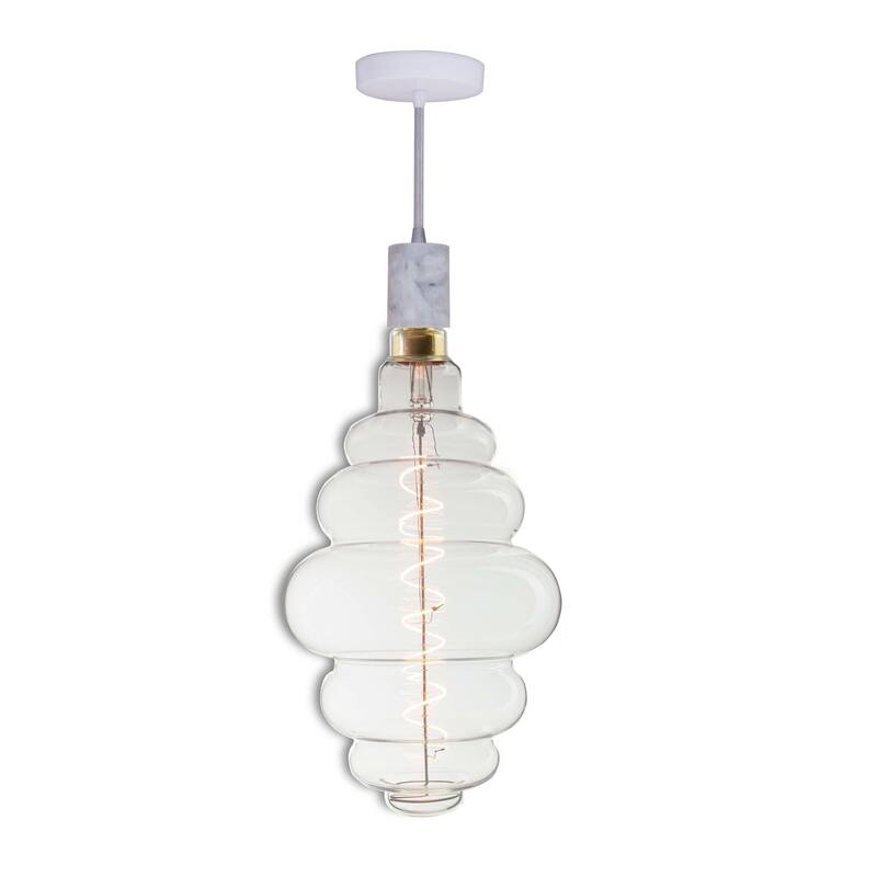Bulbrite LED Grand Bulb and Pendant Kit of (1) 4 Watt Clear Glass 15" Beehive Shaped Bulb - White Marble on White Fabric
