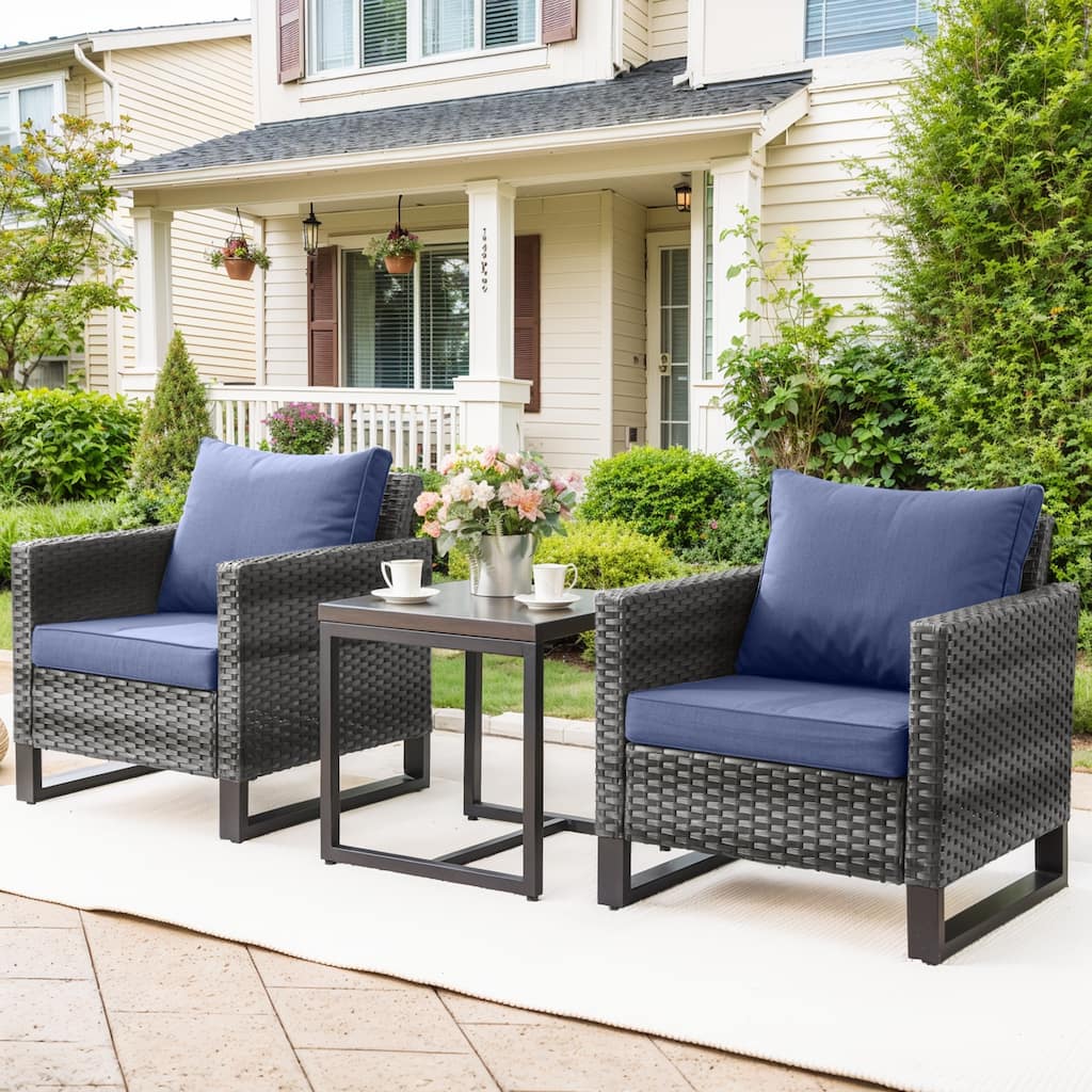 3PCS Patio PE Wicker Chair with Cushion and Table