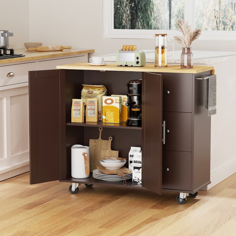 Rolling Kitchen Island with Storage Cabinet & 3 Drawers – Mobile Storage Cart with Extendable Countertop for Small Spaces - Brown
