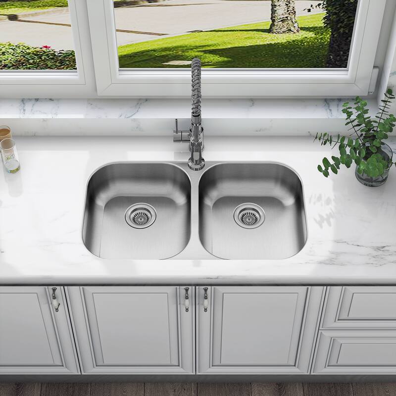 Sinber Undermount Double Bowl 304 Stainless Steel Kitchen Sink - 32" x 18" x 5.5"(Sink Only) - Silver