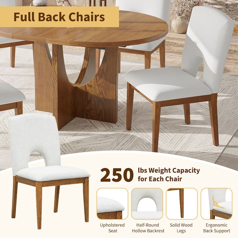5 Piece Functional Dining Set, Wood Extendable Round Dining Table Set with Removable Leaf and 4 Upholstered Chairs