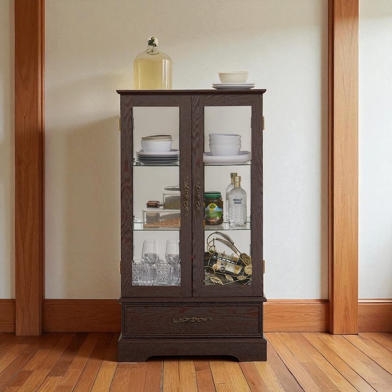 Lighted Glass Curio Cabinet with Adjustable Shelves, 2-Door Display Cabinet with Drawer and Built-in Bulb, Retro Accent Storage - Cherry