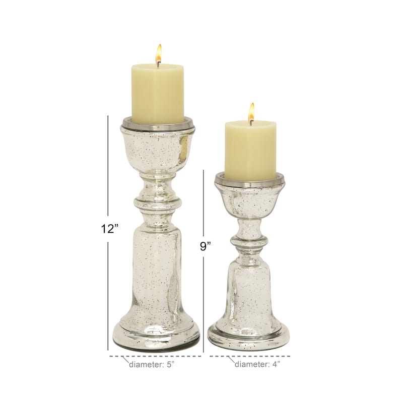 Glass Handmade Turned Style Pillar Candle Holder - Set of 2 Silver - Roche River Decor - 5"W x 5"L x 12"H