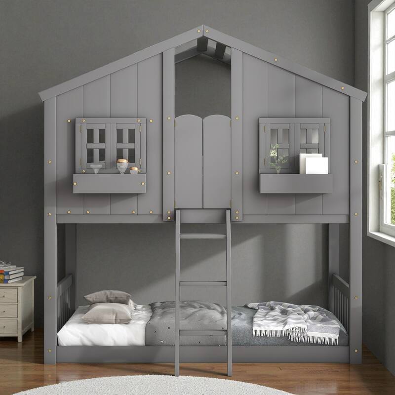 Twin Over Twin Wooden House Bunk Bed with Roof, Windows, Door, and Ladder, Kids Playhouse Bed with Guardrails