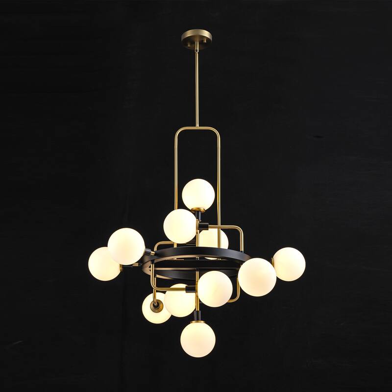 12-Light Modern Glam Geometric Frosted Opal Glass Globe Large Chandelier - 30.71 in. W x 34.25 in. W