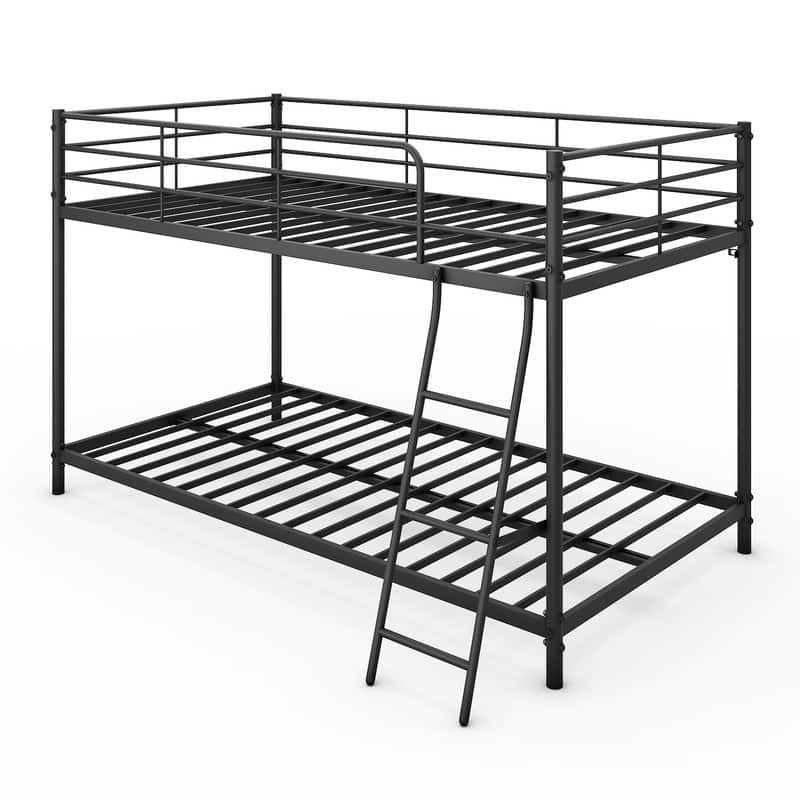Twin Round Pipe Bunk Low Bed Guardrail Angled Ladder Iron Bed USA - Black