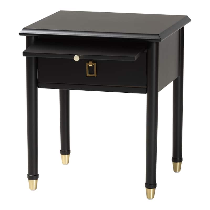 Tamra Black Wood Nightstand with Pullout Shelf - Modern Transitional Bedside Table with Metallic Accents
