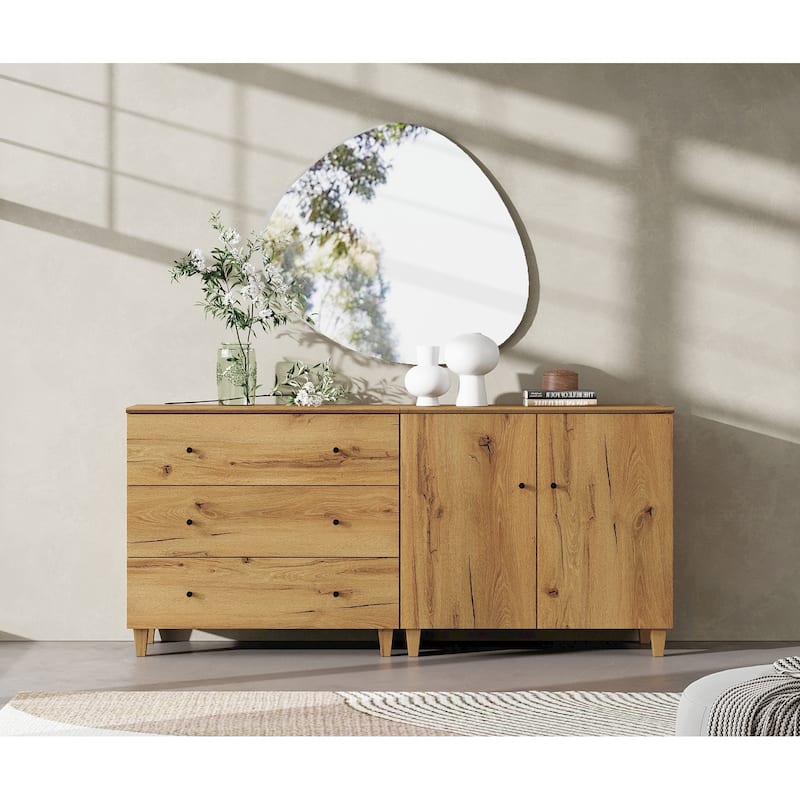 Wood Dresser with 3 Drawers and 1 Cabinet for Bedroom, 71" Wide - Oak Brown