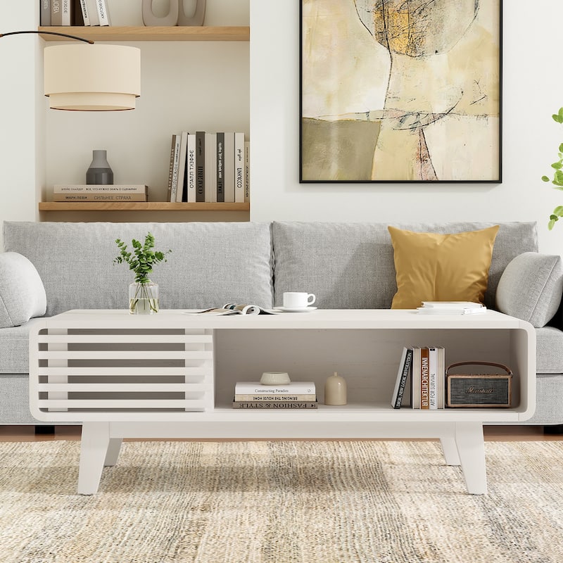 Coffee Table, Living Room Tables, Modern Table with Storage, Mid Century Farmhouse Wood Coffee Table for Living Room - White