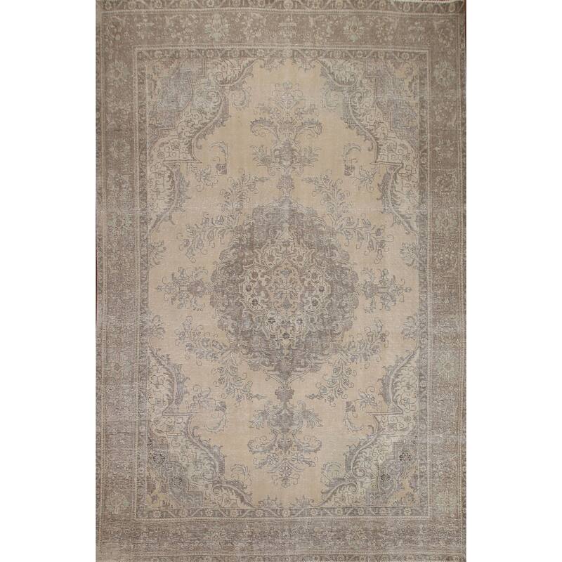 Hand Knotted Oriental 100% Wool Carpet Traditional Medallion Beige & Ivories Tabriz Area Rug - 12' 6'' X 9' 6''