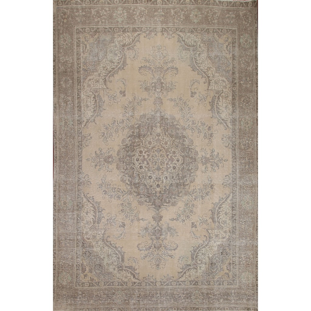 Hand Knotted Oriental 100% Wool Carpet Traditional Medallion Beige & Ivories Tabriz Area Rug - 12' 6'' X 9' 6''