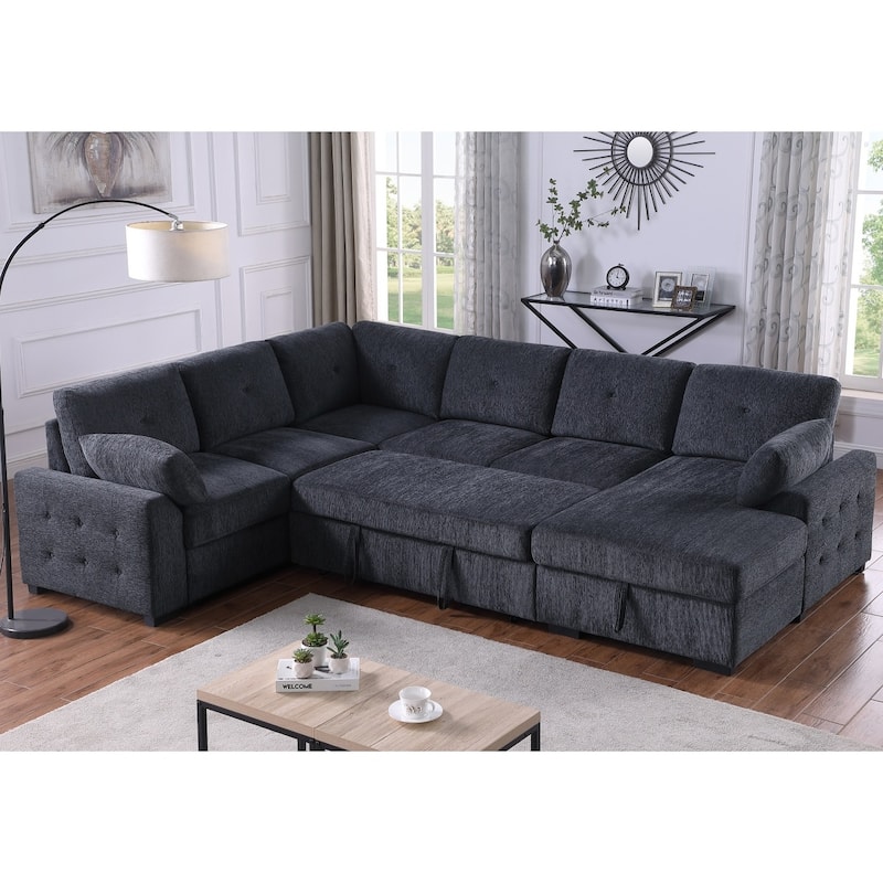 Convertible Pull-out Sectional Sofa Loveseat Sleeper with Storage and Pillows