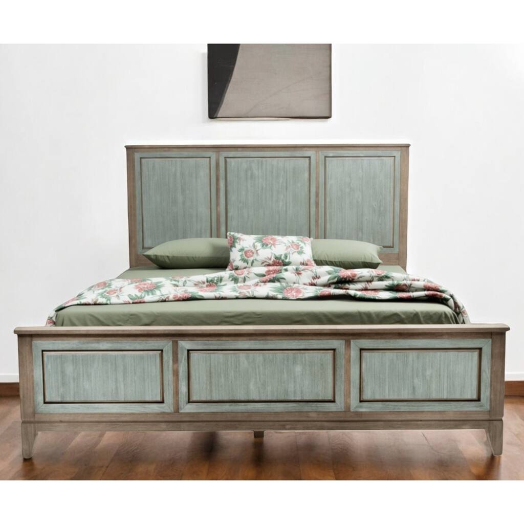HomeRoots Green Shiplap Texture Distressed Solid Wood King Bed Frame