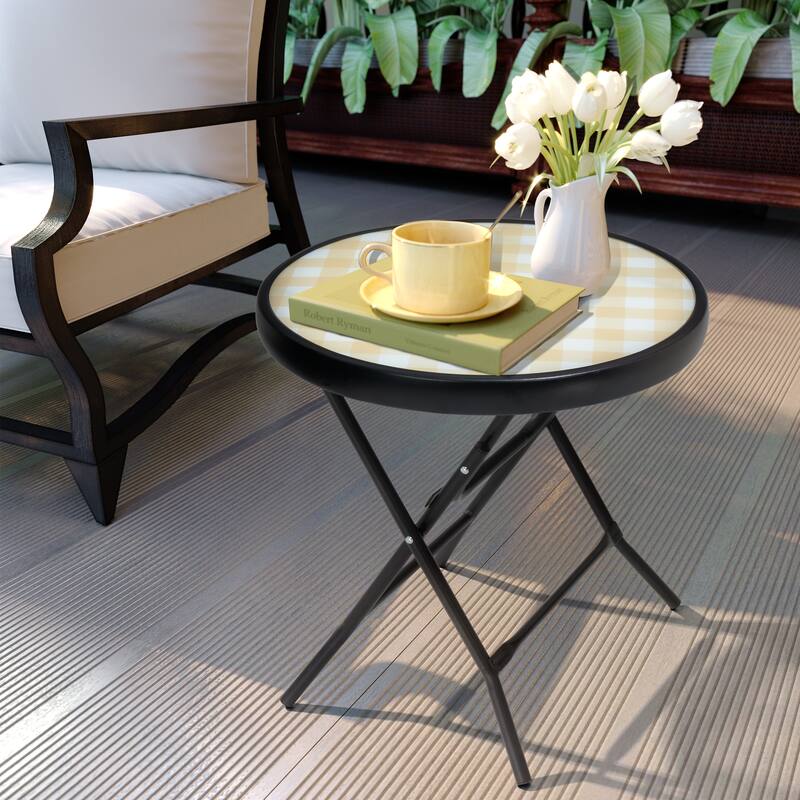 Outdoor Folding Tempered Glass Side Table Patio Bistro Coffee Table